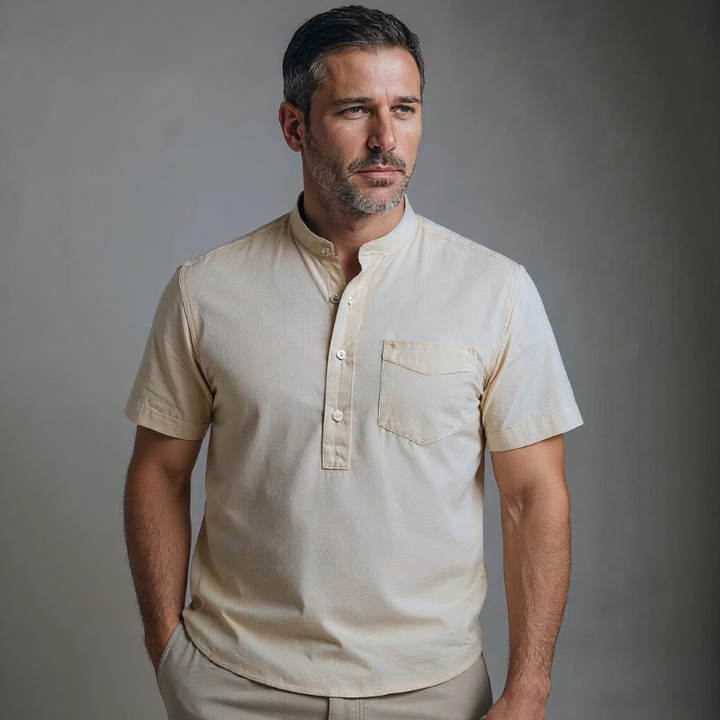 Caspian | Men’s Cotton-Linen Band Collar Popover Shirt