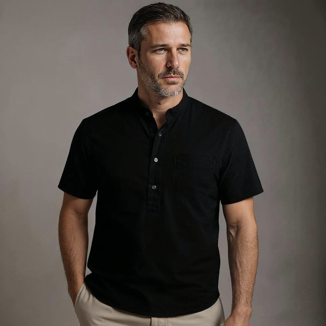 Caspian | Men’s Cotton-Linen Band Collar Popover Shirt