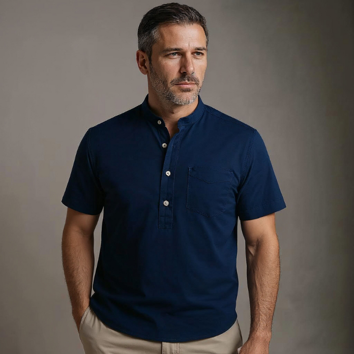 Caspian | Men’s Cotton-Linen Band Collar Popover Shirt