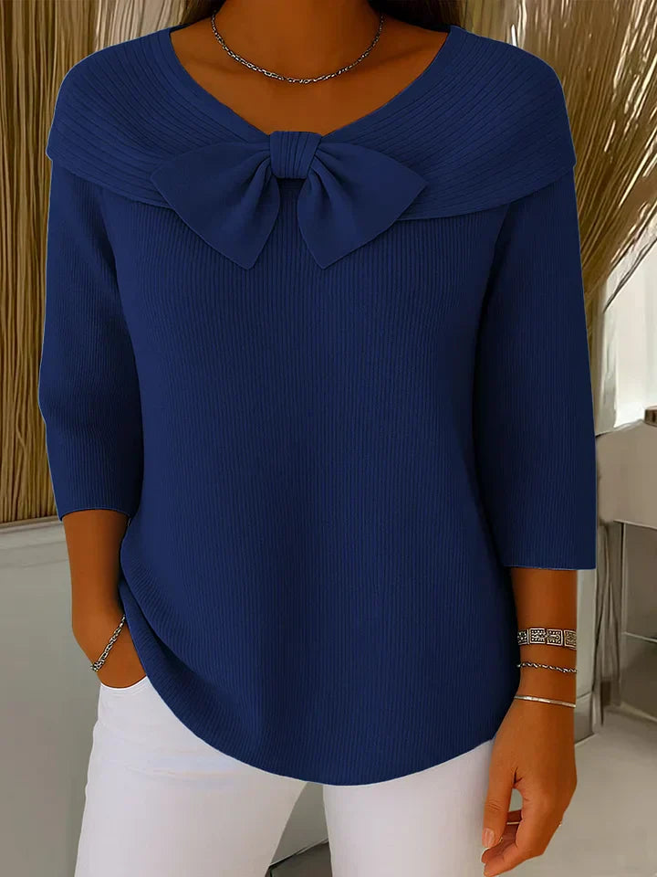 Amelie | Women’s Fine-Ribbed Portrait Collar Bow-Detail Knit Top