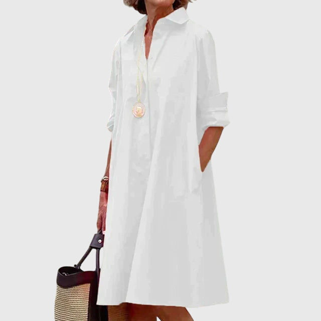 Carmine | Women’s Collared Poplin Swing Midi Shirt Dress with Pockets