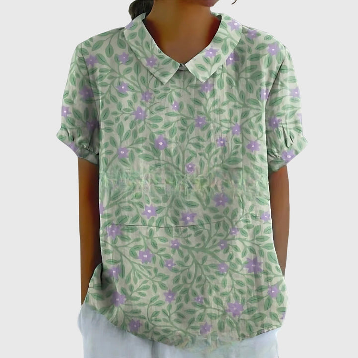 Cora | Women’s Vertical Botanical Print Collared Popover Blouse