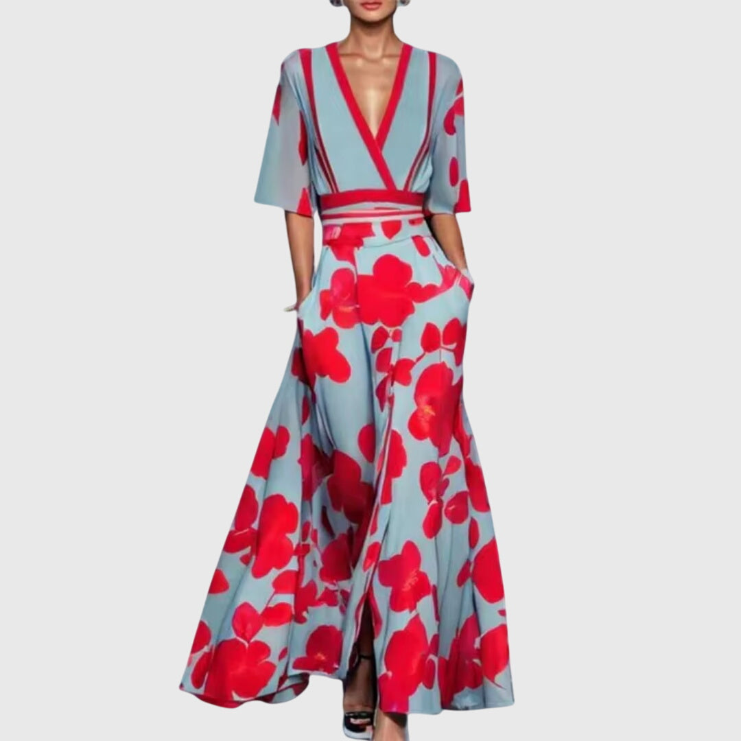 Elara | Women’s V-Neck Botanical Border Print Resort Maxi Dress
