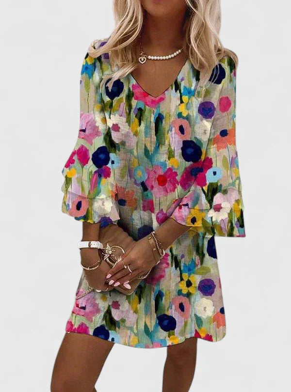 Chloe | Women’s Abstract Watercolor V-Neck Bell-Sleeve Tunic Dress