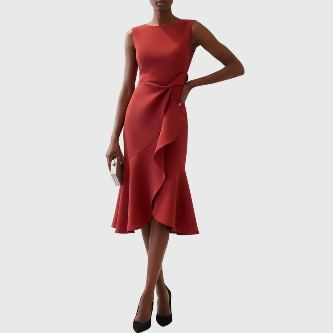 Sloane | Women’s Asymmetric Draped Sleeveless Midi Dress