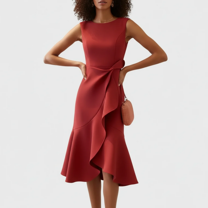 Sloane | Women’s Asymmetric Draped Sleeveless Midi Dress