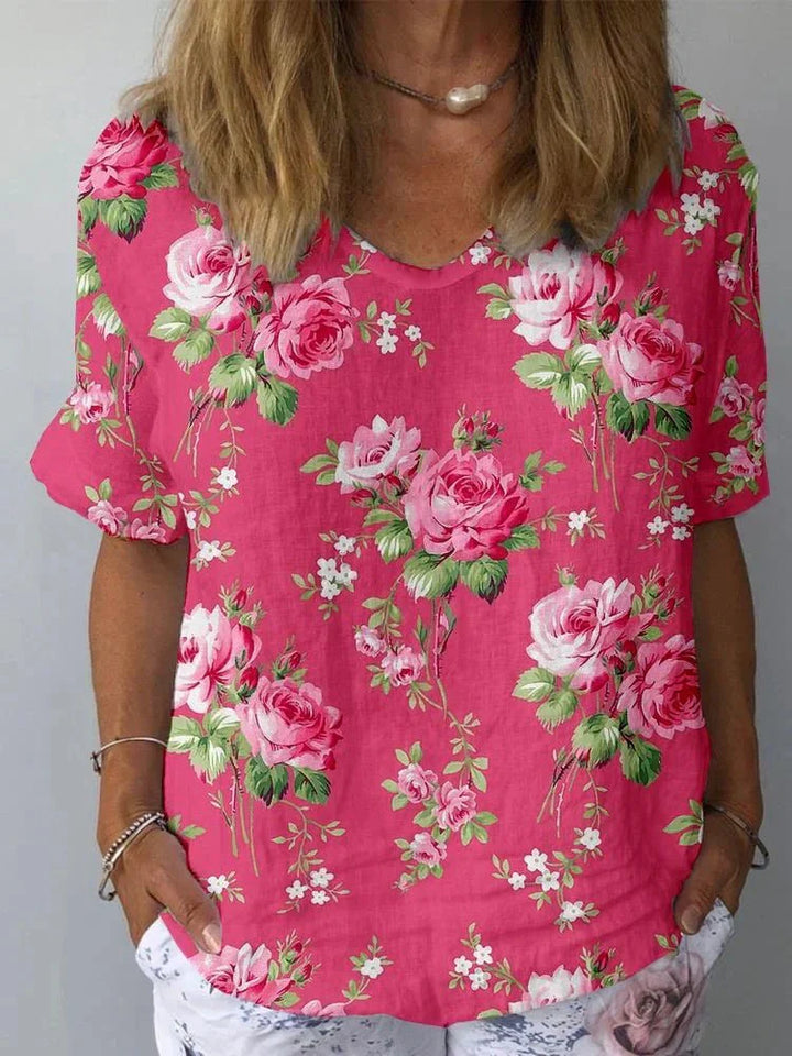 Rosvara | Vibrant Floral Short-Sleeve Blouse