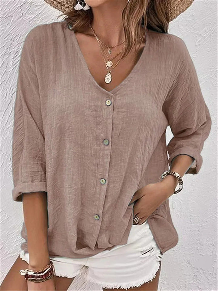 Lunara | Button-Front V-Neck Relaxed Blouse