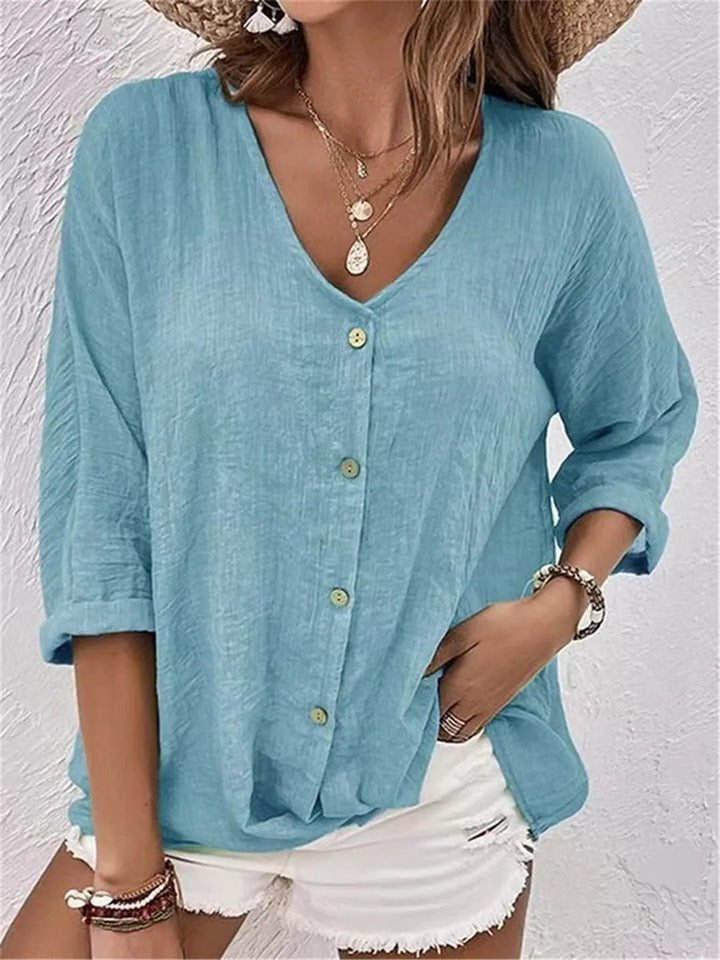 Lunara | Button-Front V-Neck Relaxed Blouse