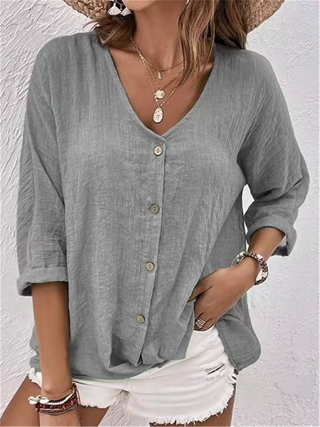 Lunara | Button-Front V-Neck Relaxed Blouse