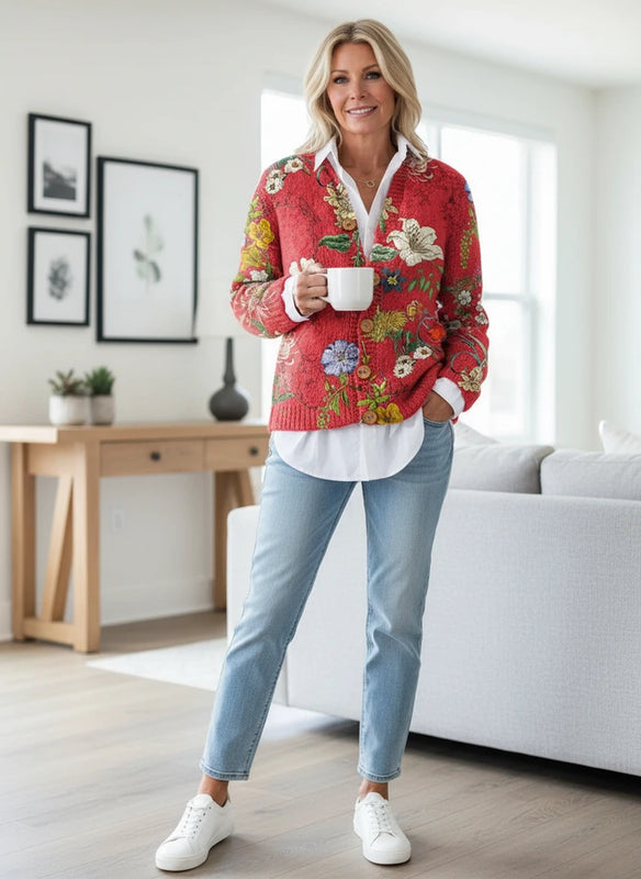 Woman wearing a red floral sweater in a living room setting