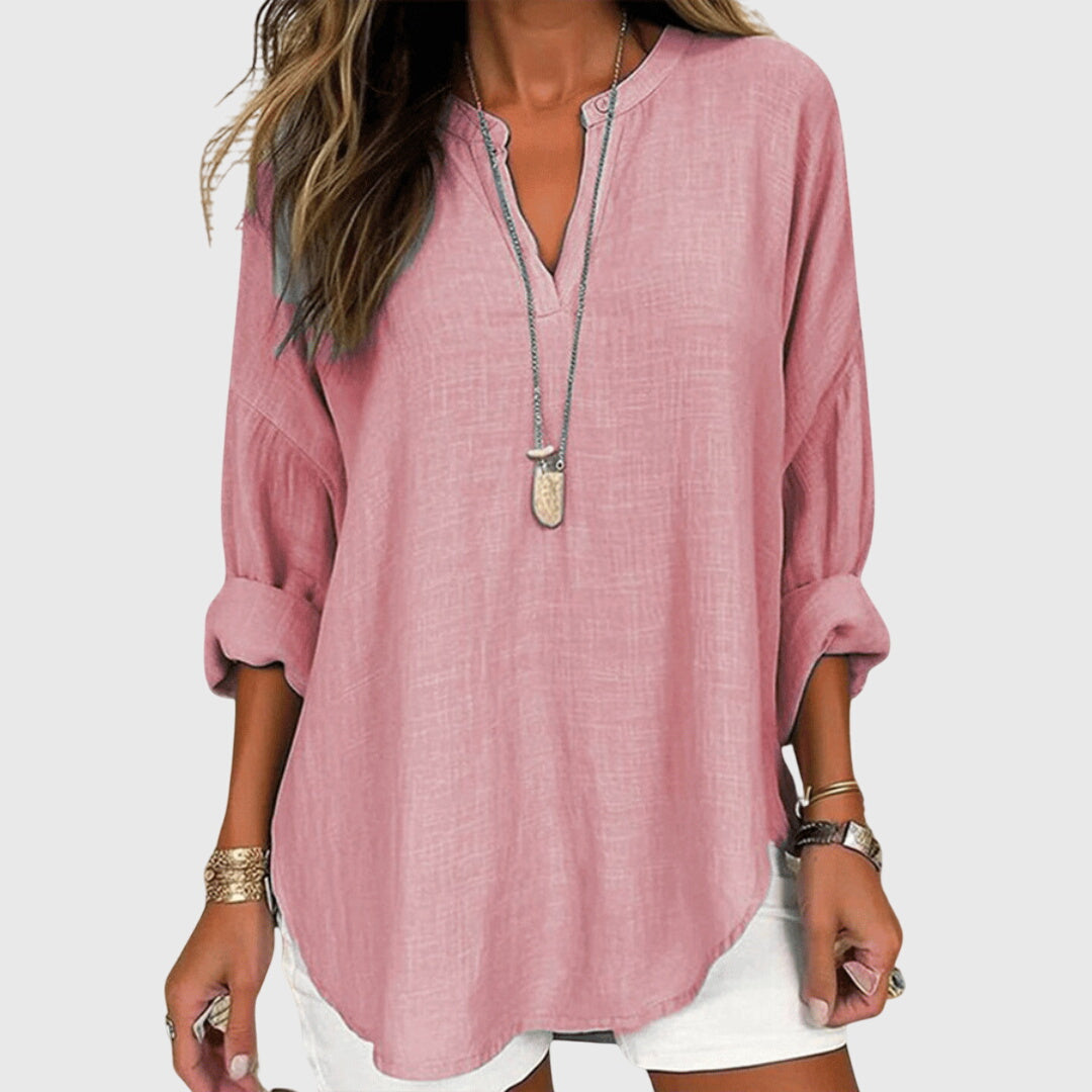 Isla | Women’s Textured Linen-Blend Split V-Neck Coastal Tunic