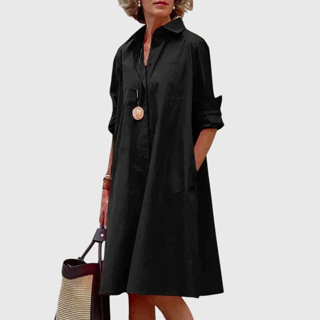 Carmine | Women’s Collared Poplin Swing Midi Shirt Dress with Pockets