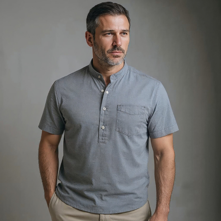 Caspian | Men’s Cotton-Linen Band Collar Popover Shirt