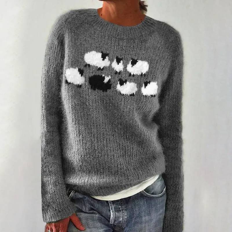 Women’s Cute Sheep Pattern Knit Sweater – Soft Crewneck