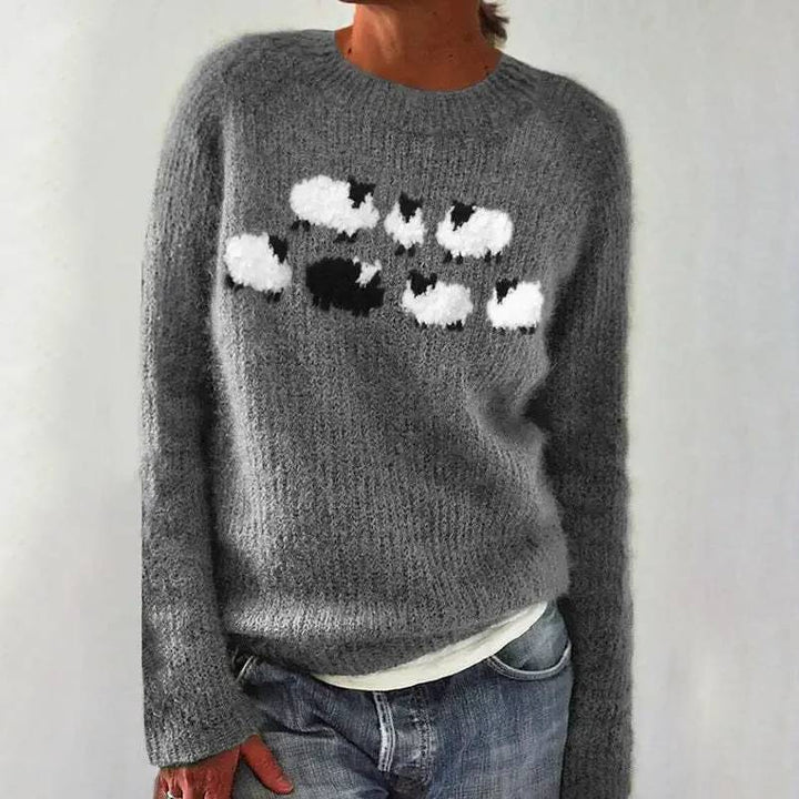 Women’s Cute Sheep Pattern Knit Sweater – Soft Crewneck