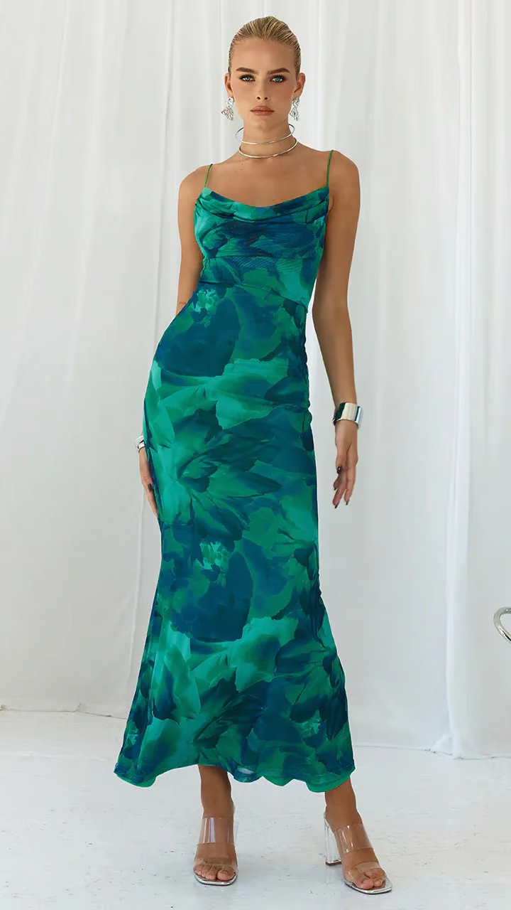 Solana | Tropical Satin Slip Dress