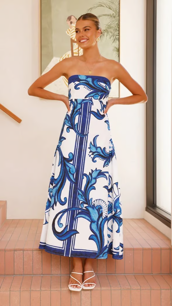 Thalina | Elegant Printed Strapless Dress