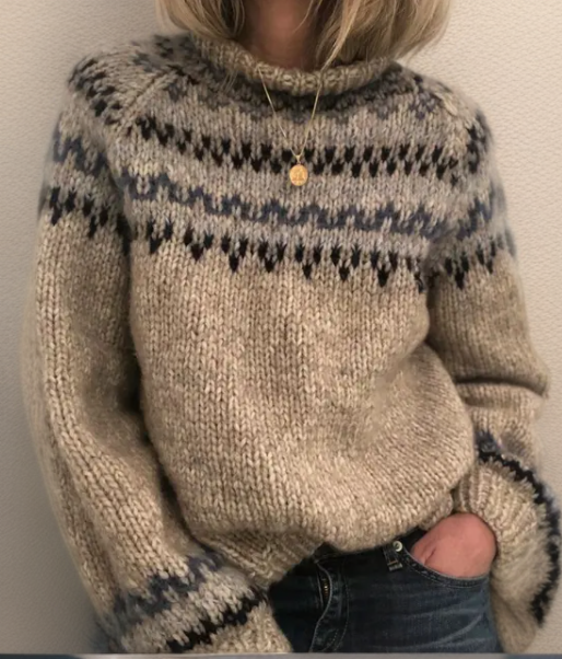 Women’s Nordic Pattern Knit Sweater with High Crew Neck