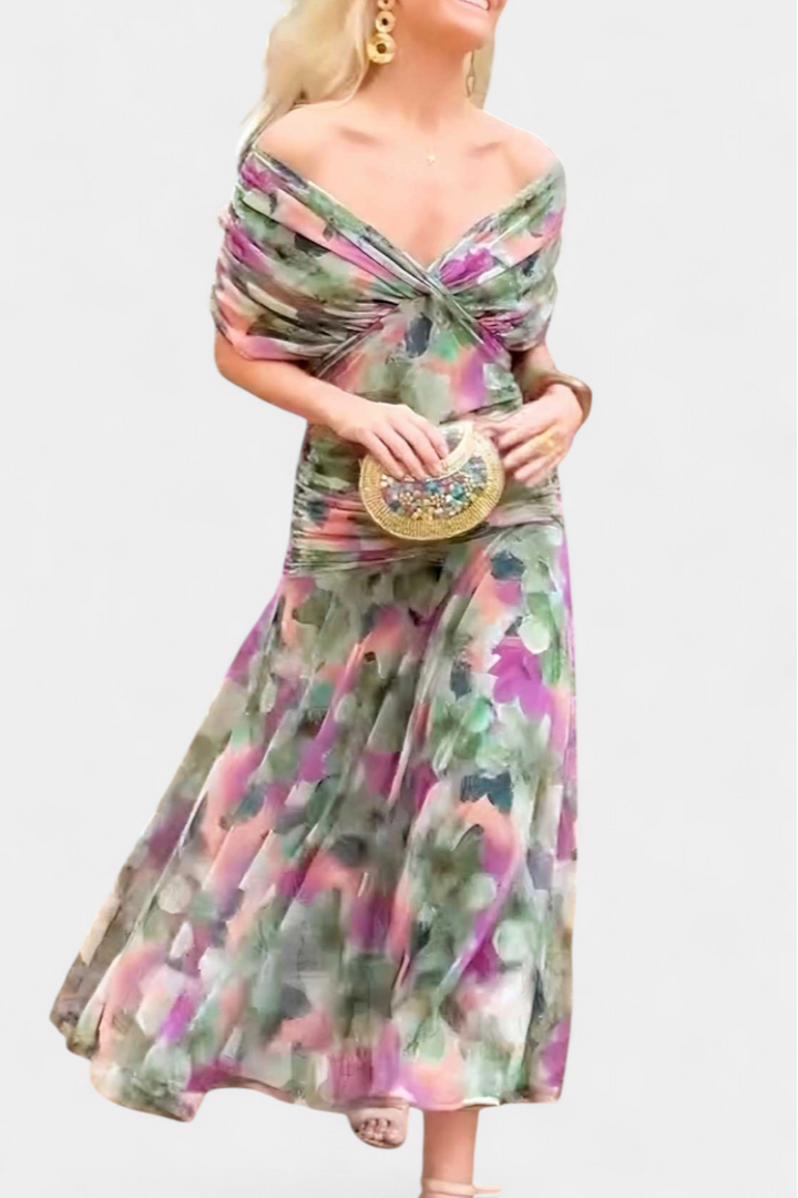 Gia | Women’s Off-the-Shoulder Ruched Mesh Evening Gown