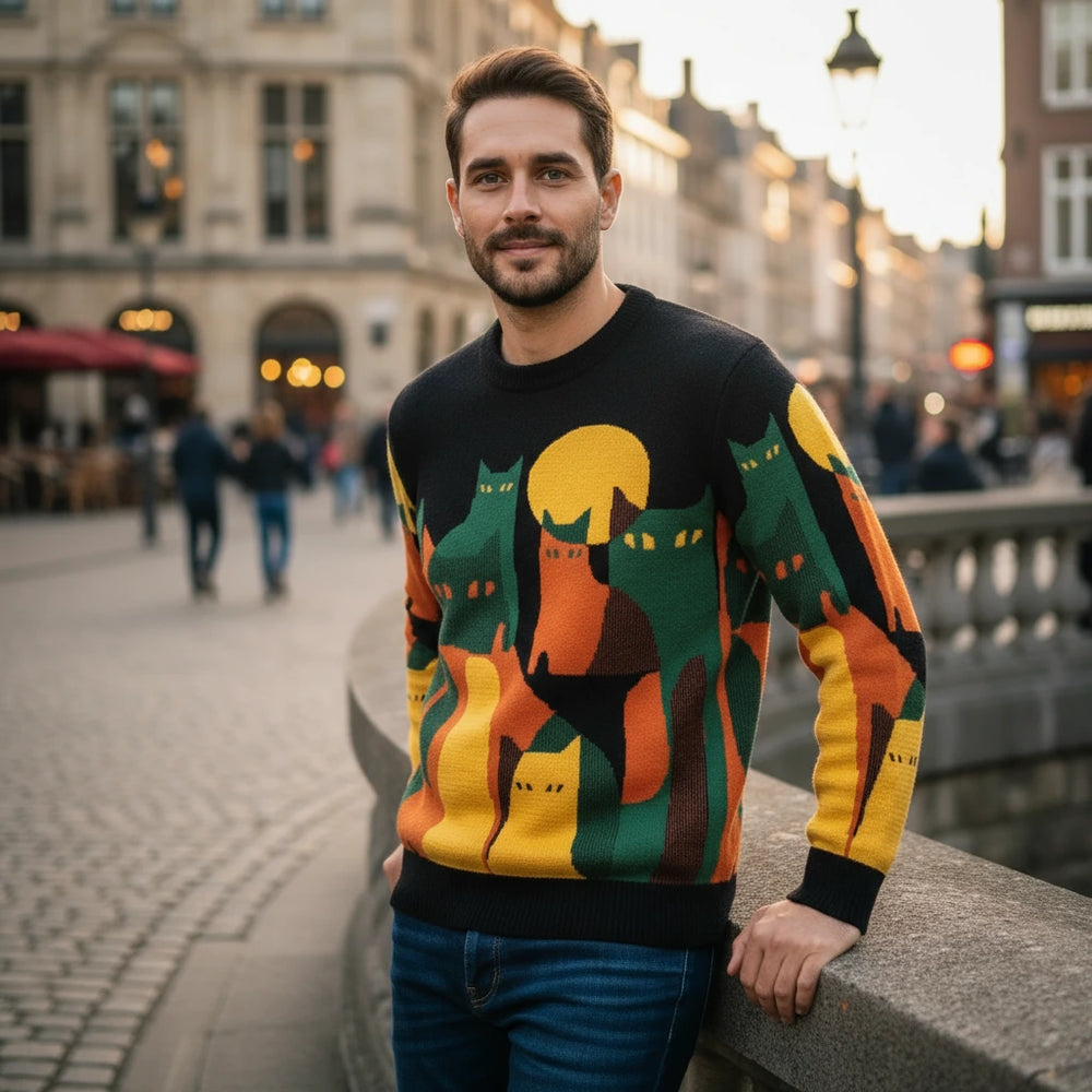 Man wearing a colorful sweater with cat design in an urban setting