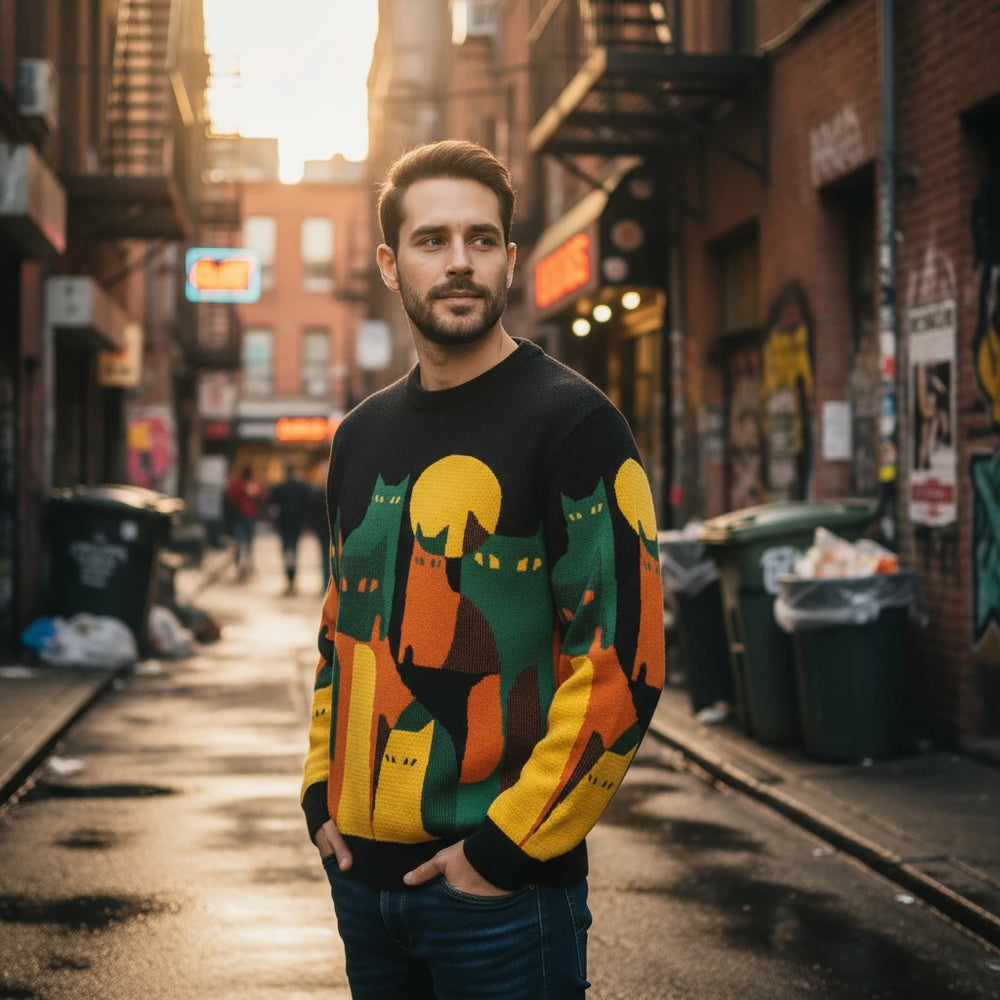 Man wearing a colorful sweater with cat designs on a city street.