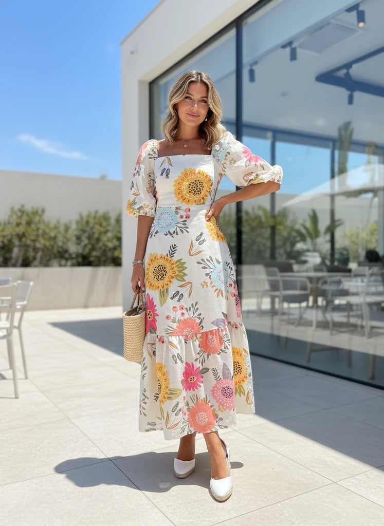 Floral Square-Neck Puff Sleeve Maxi Dress
