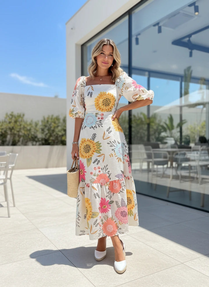 Floral Square-Neck Puff Sleeve Maxi Dress
