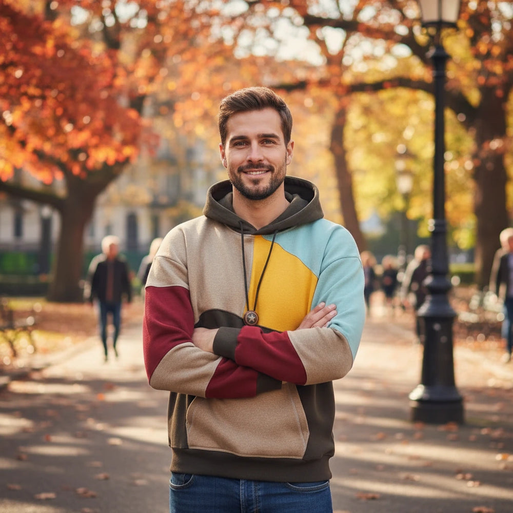Man wearing a colorful hoodie standing in an autumn park