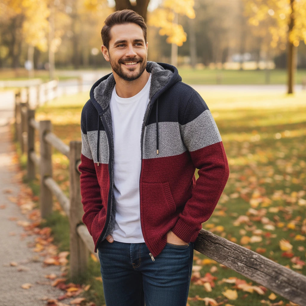 Man wearing a colorful hoodie in an autumn park