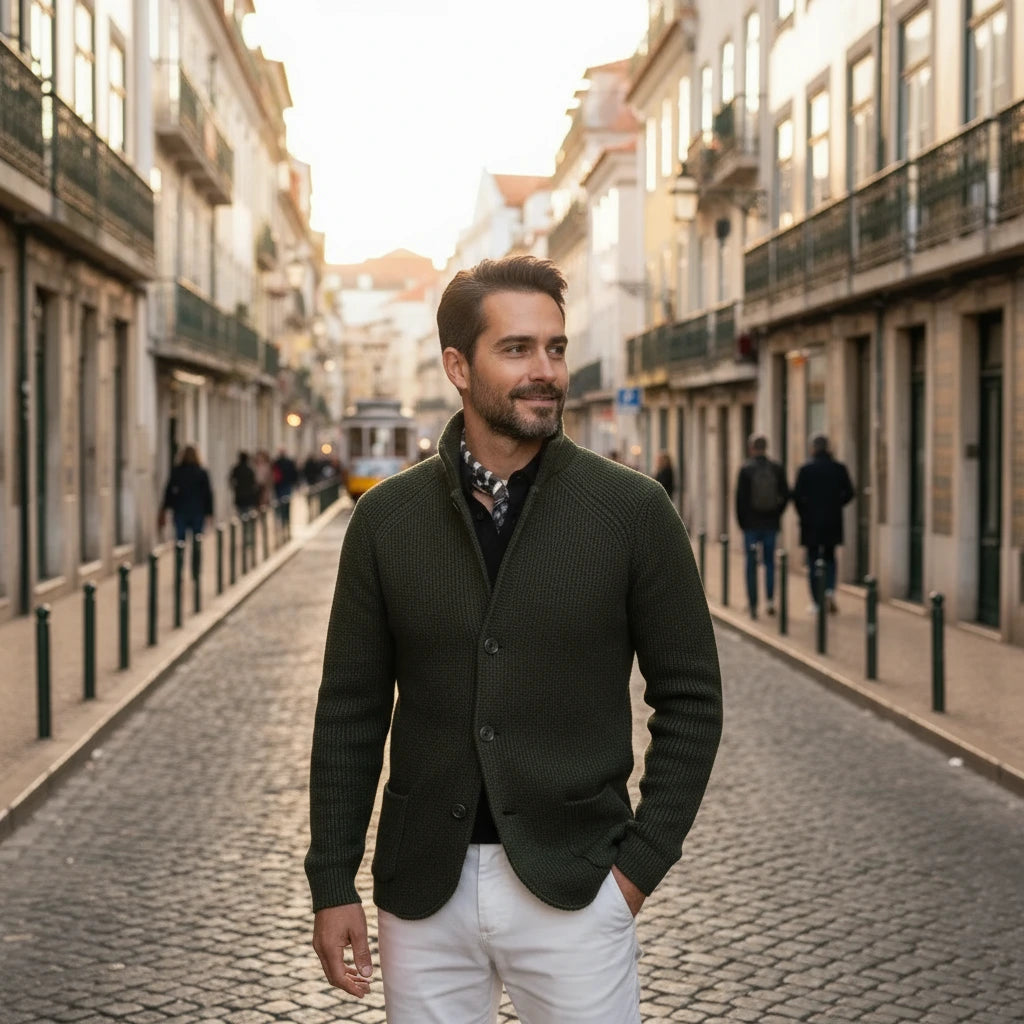 Man walking down a cobblestone street in an urban setting