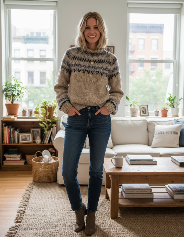 Women’s Nordic Pattern Knit Sweater with High Crew Neck