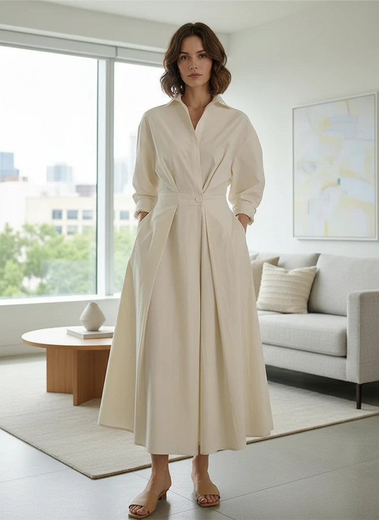 Woman wearing a long cream coat in a modern living room.
