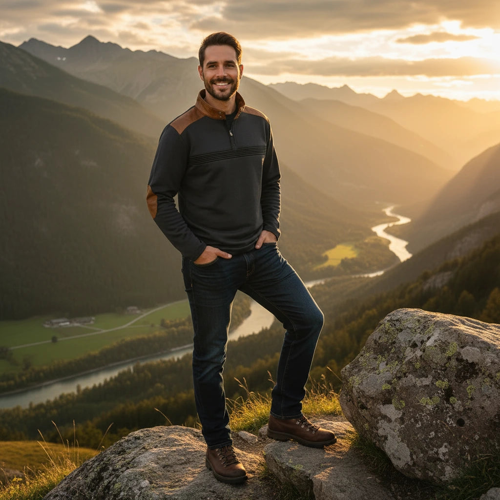 Man standing on a rocky outcrop with a scenic mountain landscape and river in the background.