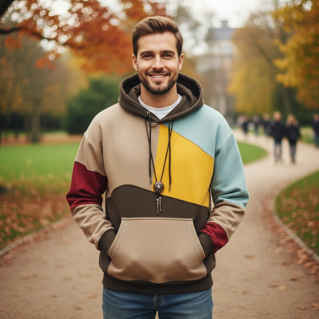 Man wearing a colorful hoodie in an autumn park