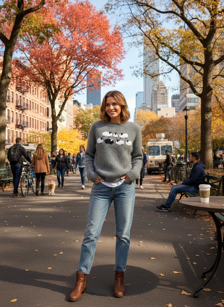 Women’s Cute Sheep Pattern Knit Sweater – Soft Crewneck