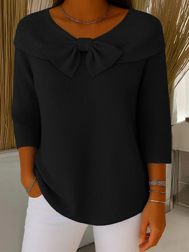 Amelie | Women’s Fine-Ribbed Portrait Collar Bow-Detail Knit Top