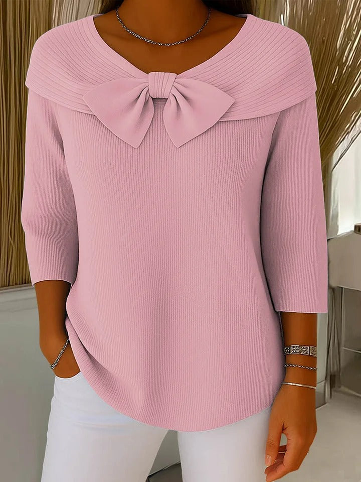 Amelie | Women’s Fine-Ribbed Portrait Collar Bow-Detail Knit Top