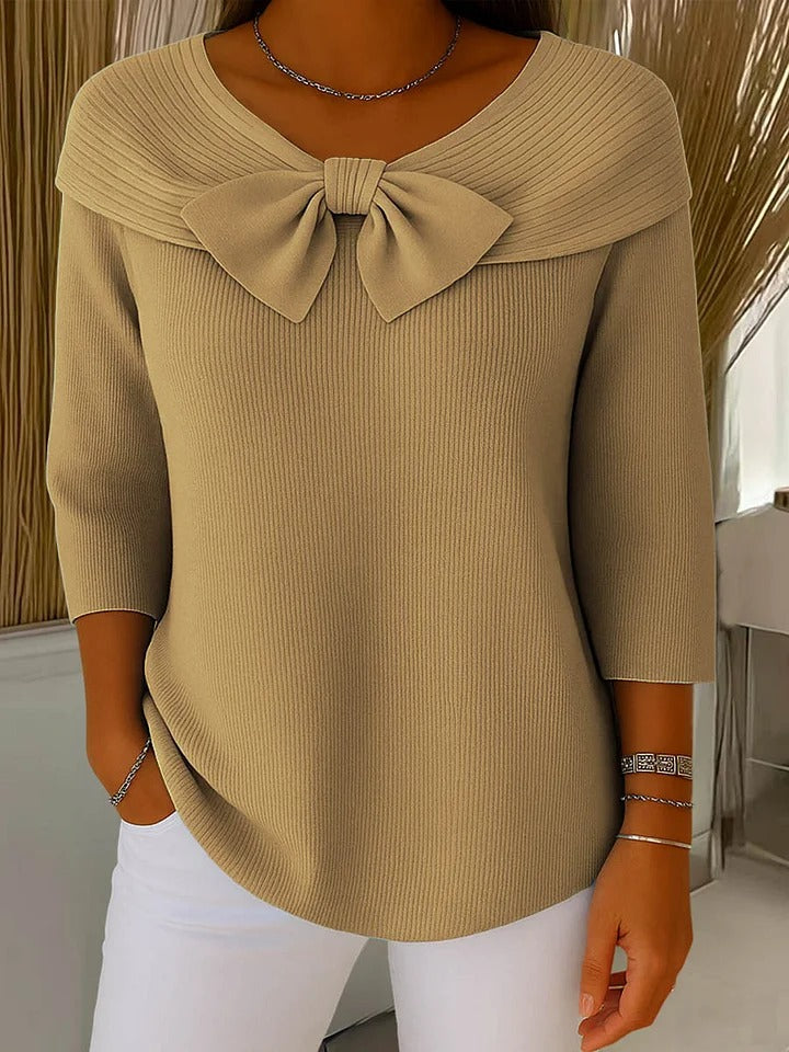 Amelie | Women’s Fine-Ribbed Portrait Collar Bow-Detail Knit Top