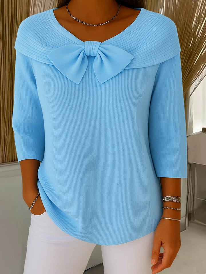 Amelie | Women’s Fine-Ribbed Portrait Collar Bow-Detail Knit Top