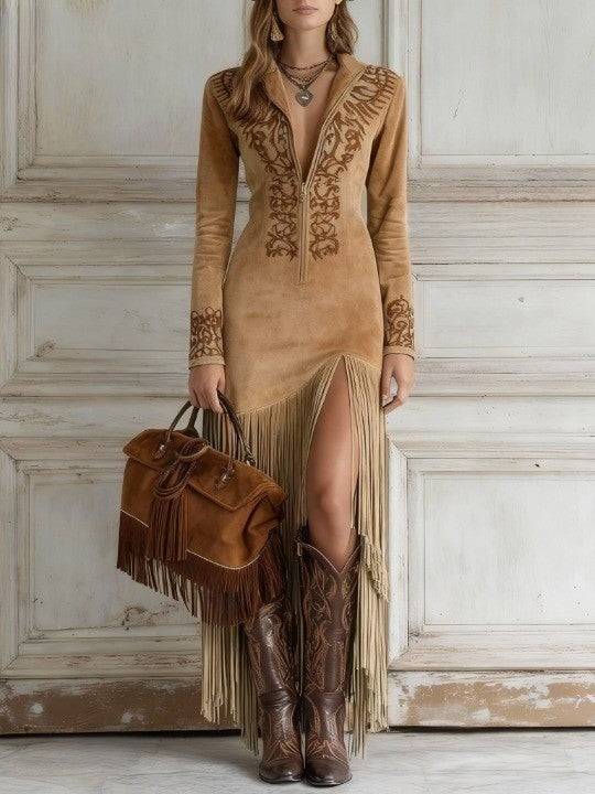 Western Embroidered Fringe Maxi Dress
