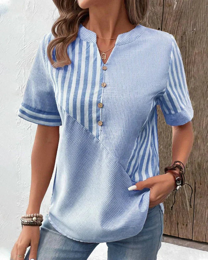 Selvara | Striped Short-Sleeve Button-Front Blouse