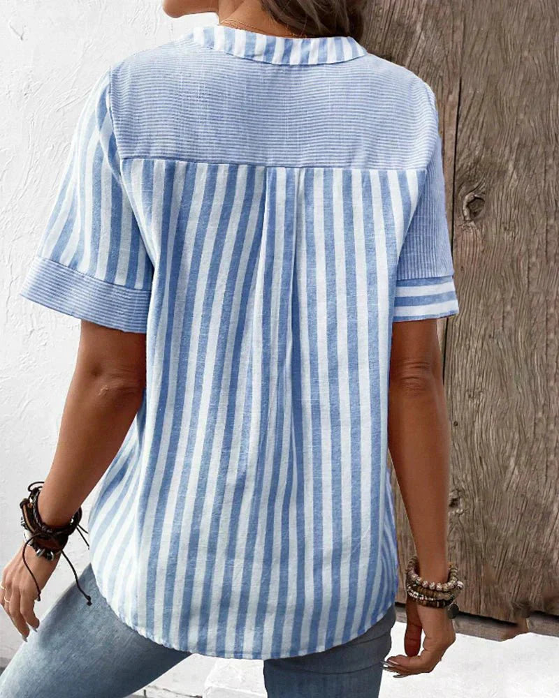 Selvara | Striped Short-Sleeve Button-Front Blouse