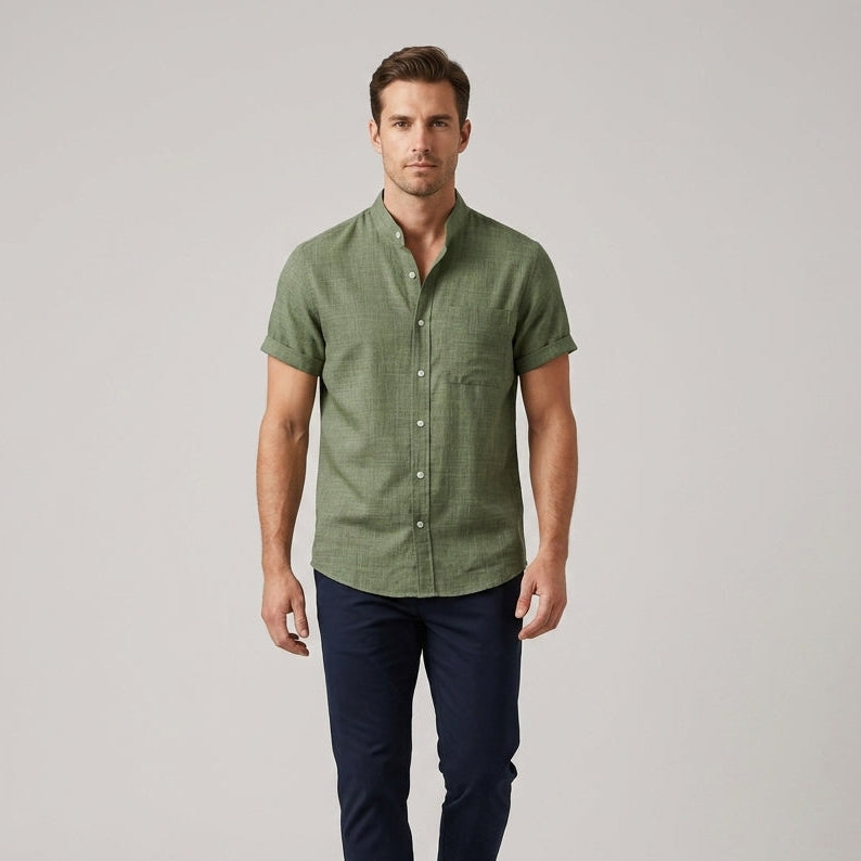 Landon | Men’s Breathable Band-Collar Linen Shirt