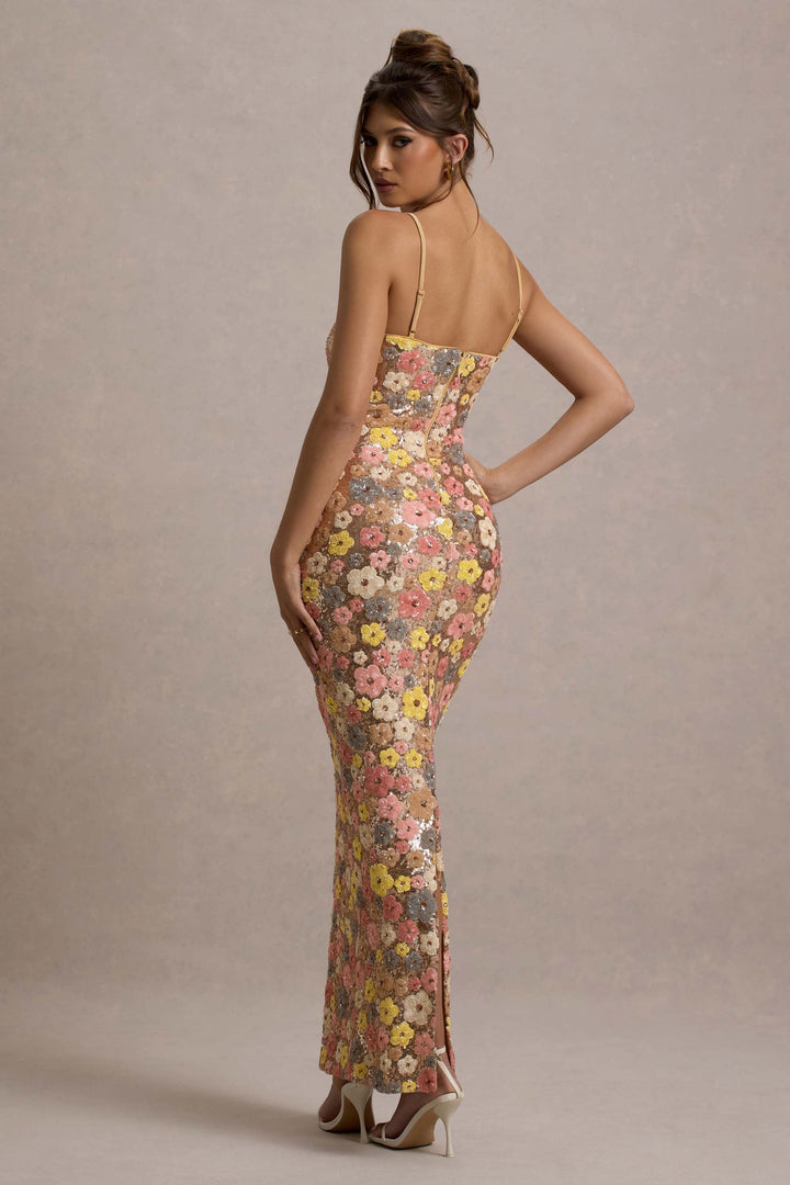 Elegant Floral Sequin Maxi Gown