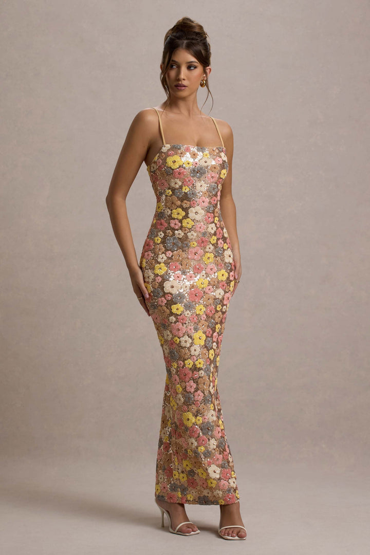 Elegant Floral Sequin Maxi Gown