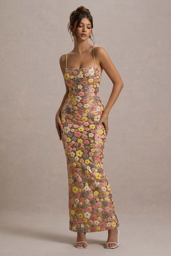 Elegant Floral Sequin Maxi Gown