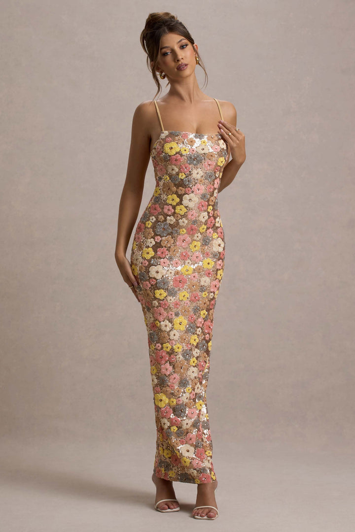 Elegant Floral Sequin Maxi Gown