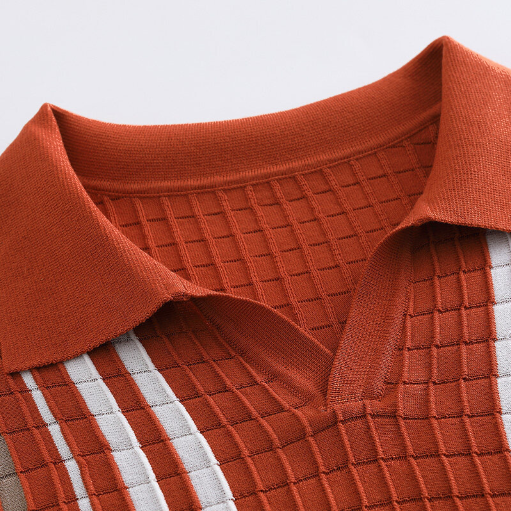 Luca | Men’s Retro Knit Johnny Collar Vertical Stripe Polo