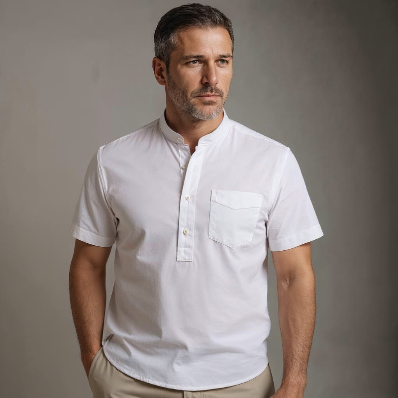 Caspian | Men’s Cotton-Linen Band Collar Popover Shirt